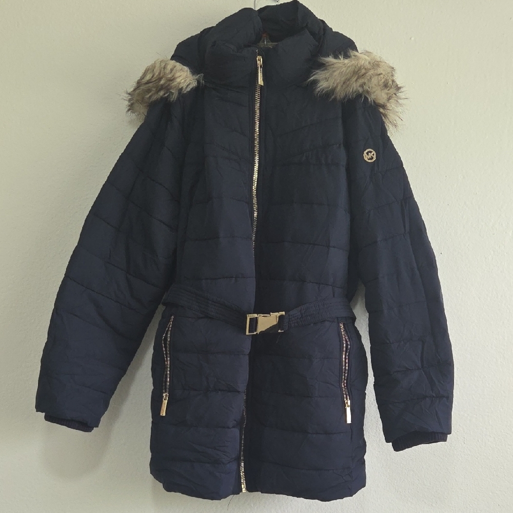 Micheal Kors Navy Puffer Jacket with Faux Fur Trim 1x